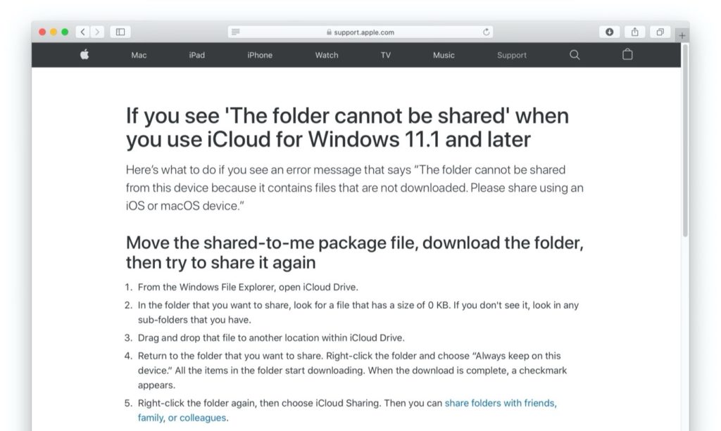 iCloud for Windows : the folder cannot be shared