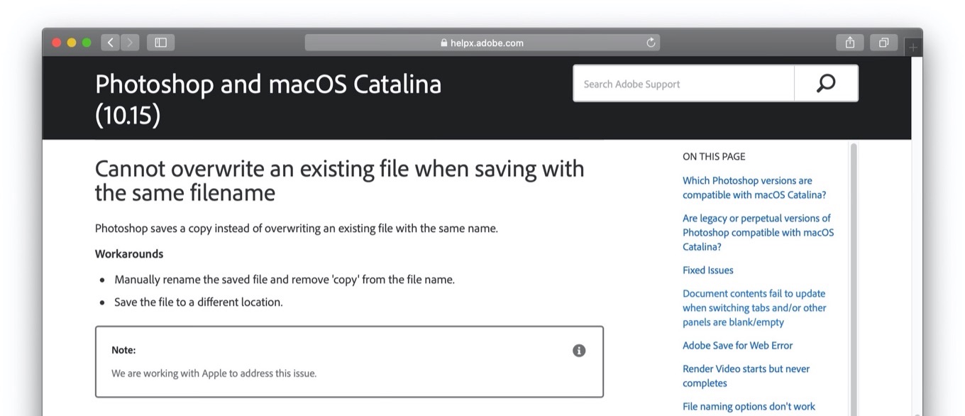 Macos 10 15 Catalina環境のphotoshopで既存のファイルを上書きできない不具合があるとして Adobeとappleが対応中 Aapl Ch