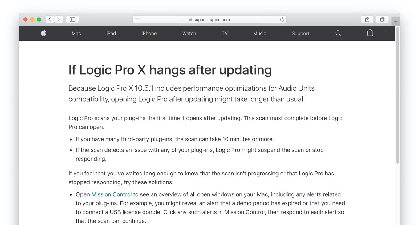 If Logic Pro X hangs after updating