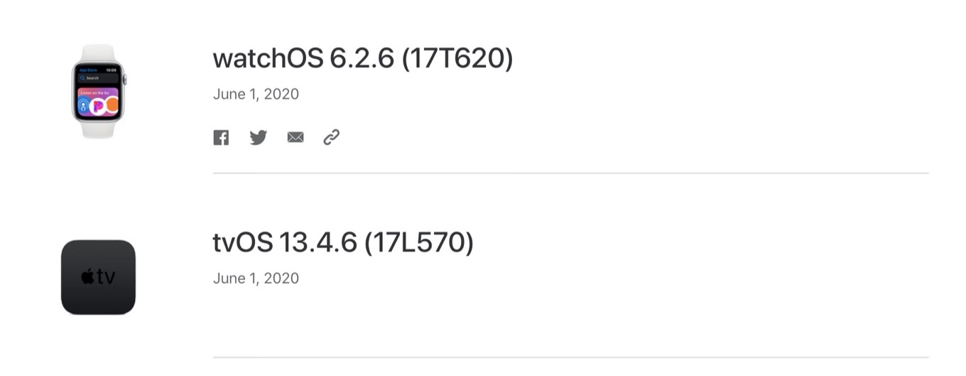 watchOS 6.2.6 (17T620) tvOS 13.4.6 (17L570)