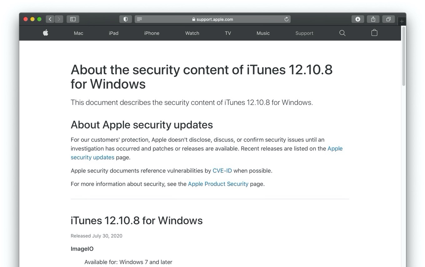 About the security content of iTunes 12.10.8 for Windows