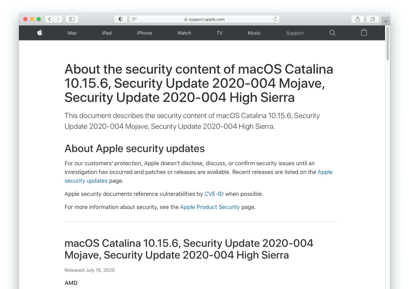 About the security content of macOS Catalina 10.15.6, Security Update 2020-004 Mojave, Security Update 2020-004 High Sierra