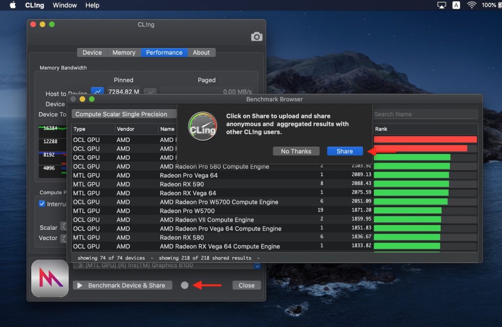  OpenCL ベンチマークと両方の MacBook Pro GPU のサポート
