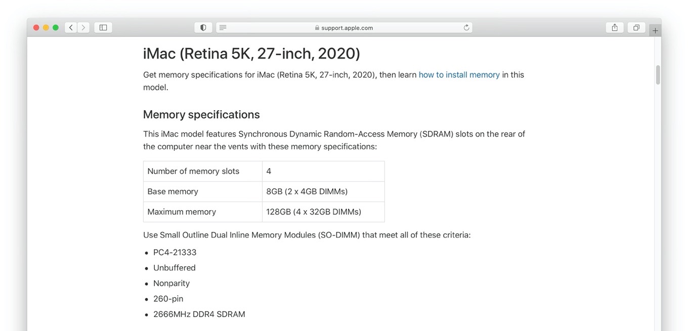 iMac (Retina 5K, 27インチ, 2020)のメモリ仕様