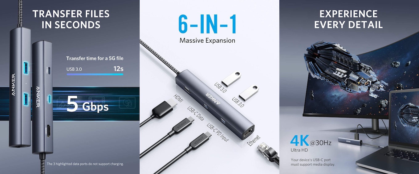 米Anker、幅0.7インチでUSB-A/-Cや65W PD、Ethernet、4K30HzのHDMIポートを備えたUSB-Cハブ「Anker  PowerExpand 6-in-1 USB-C PD Ethernet Hub」を発売。 | AAPL Ch.
