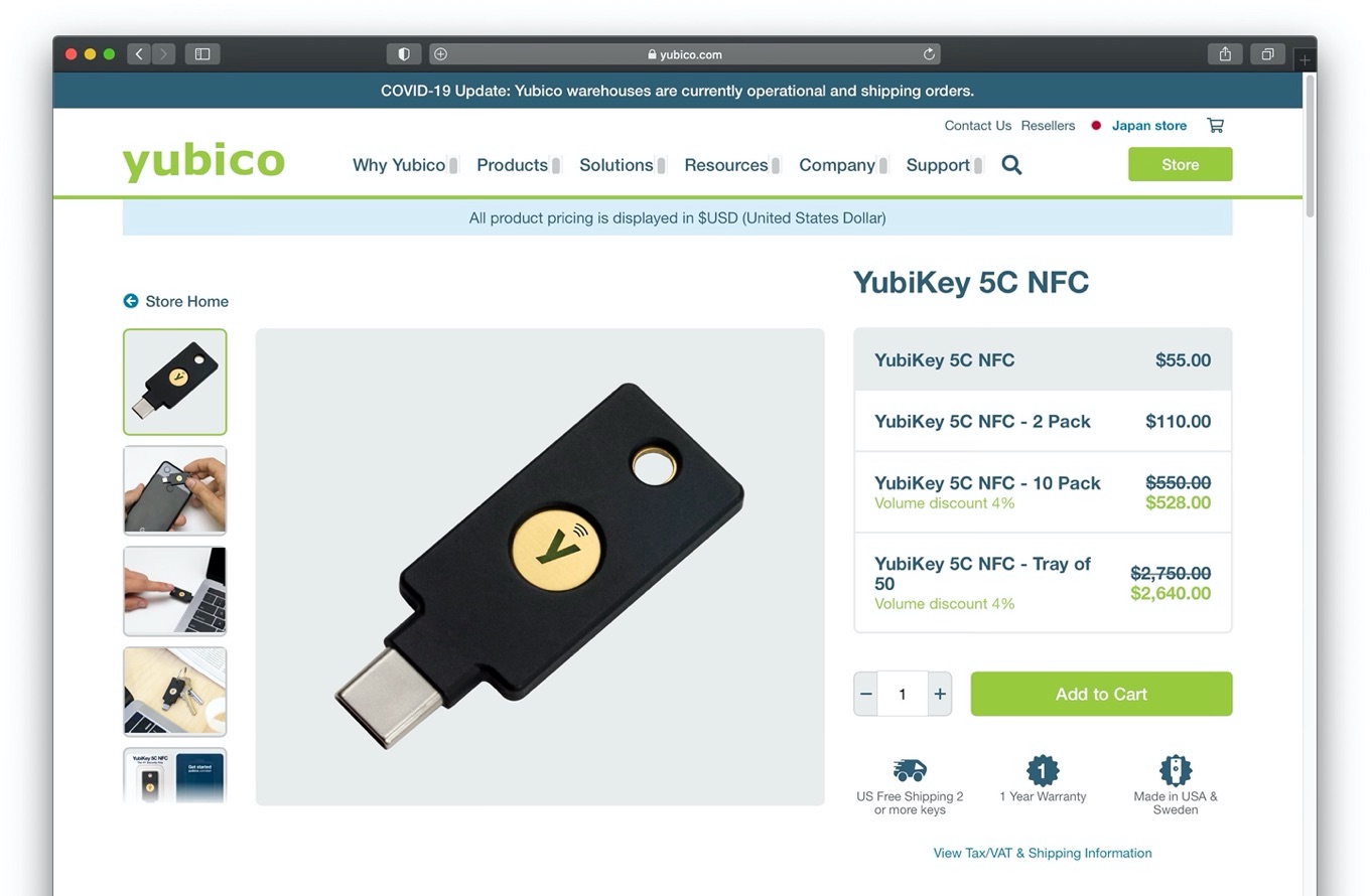 8965円 日本人気超絶の Yubico セキュリティキー YubiKey 5C NFC USB-C FIDO2 WebAuthn U2F 2段階認証 高耐久性 耐衝撃性 防水