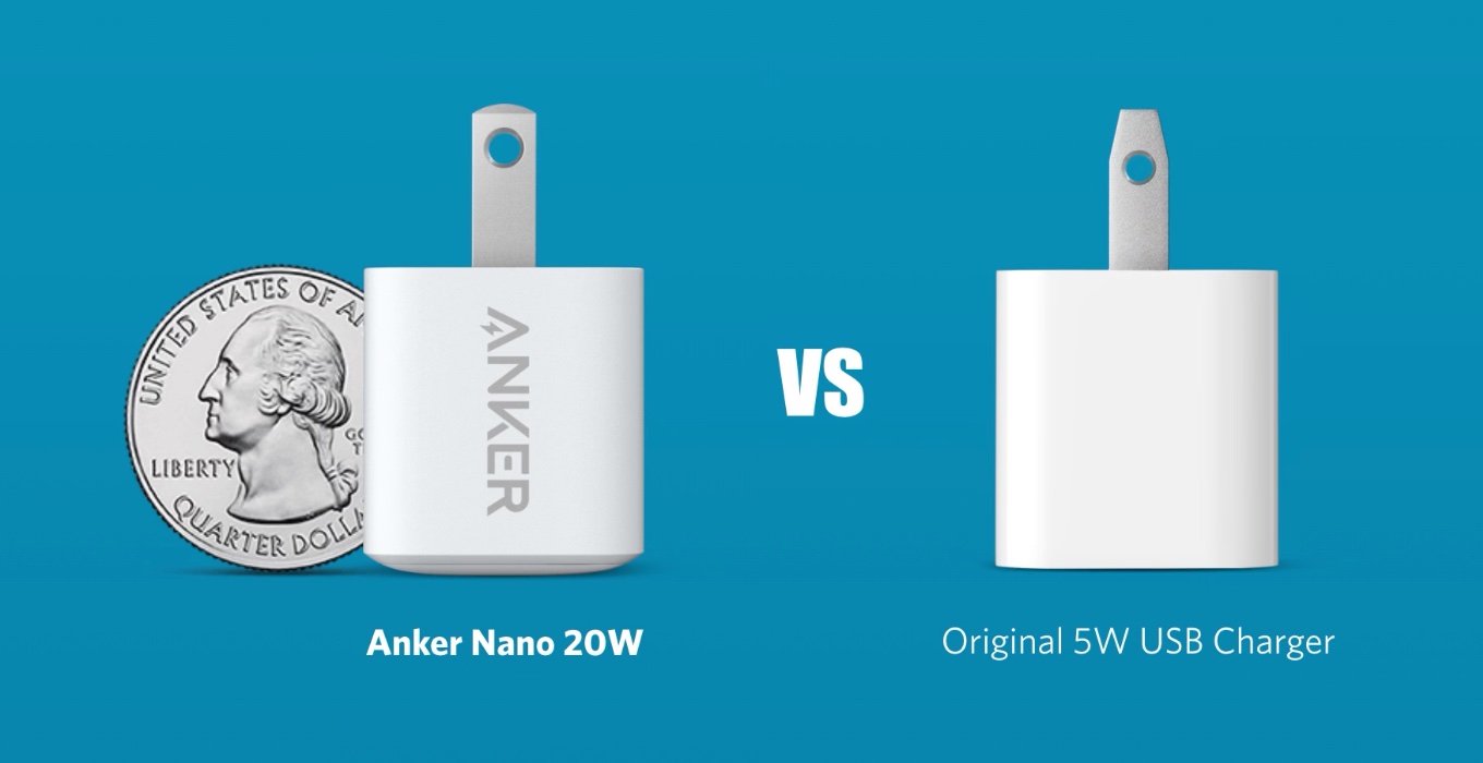 Anker PowerPort III Nano 20W PDとApple 5W電源アダプタのサイズ