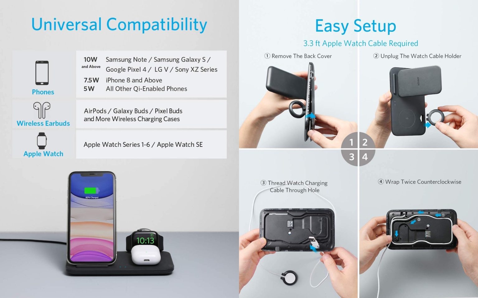 米Anker、iPhoneとApple Watch、AirPodsを同時にワイヤレス充電できる「Anker PowerWave 3in1