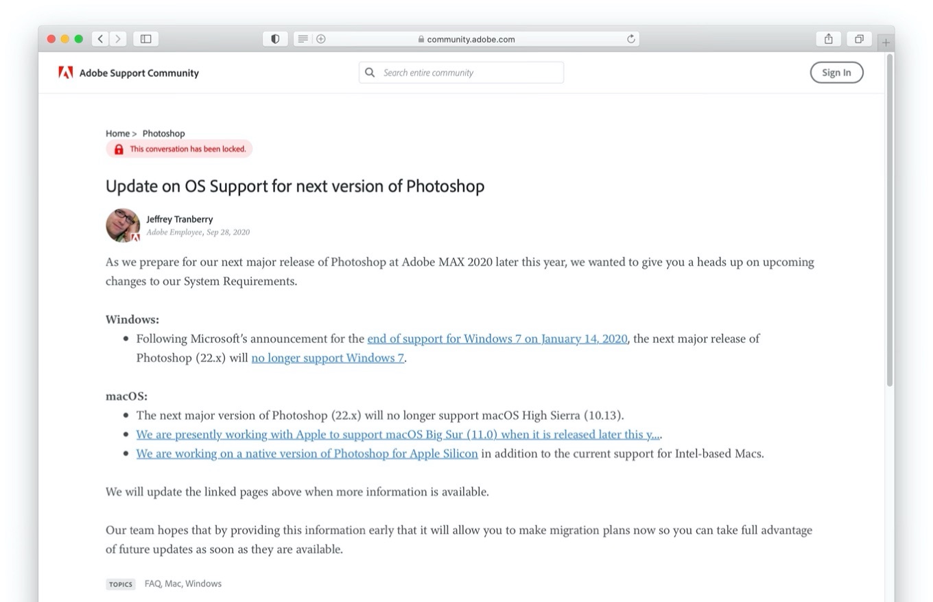 Update on OS Support for next version of Photoshop