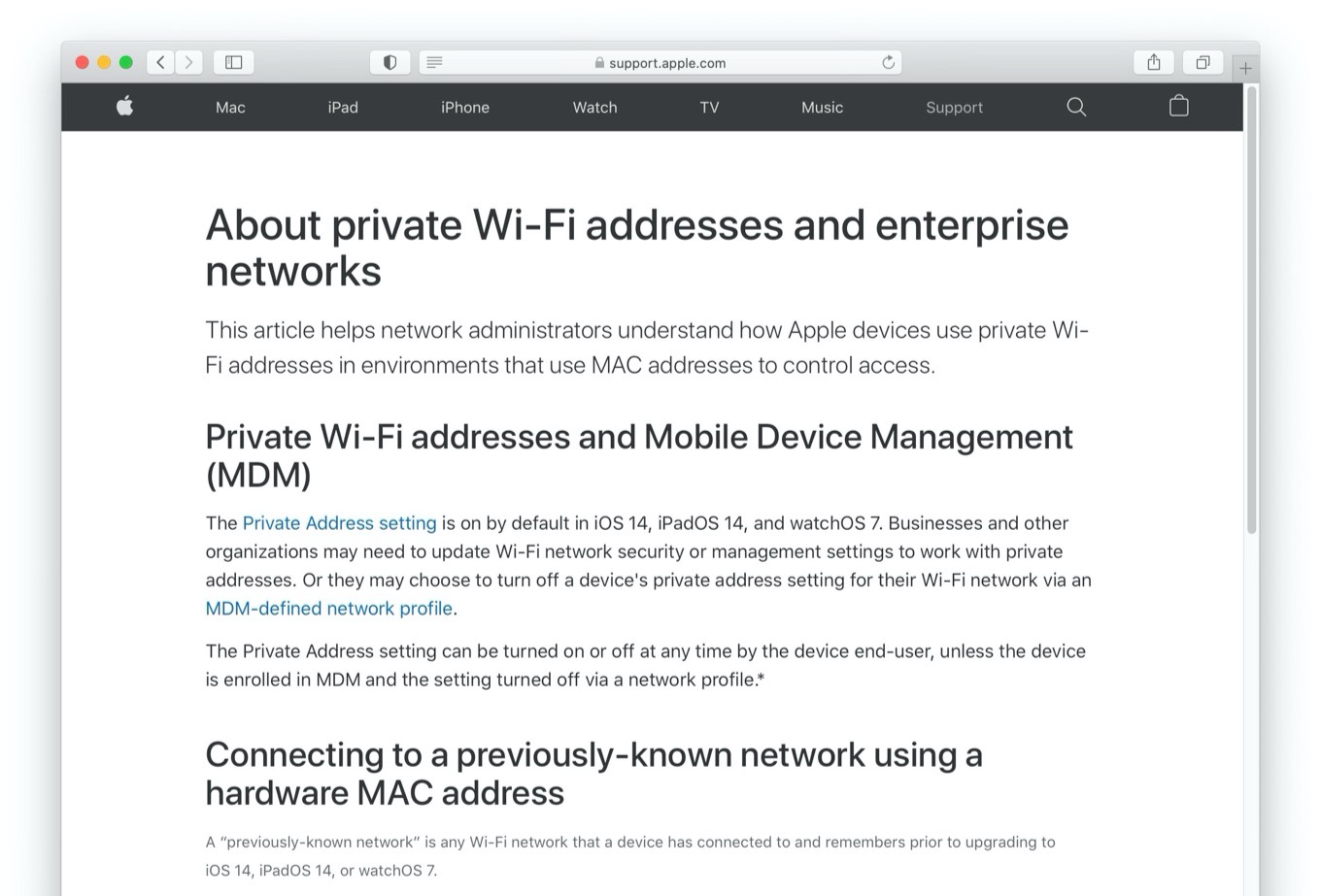 About private Wi-Fi addresses and enterprise networks