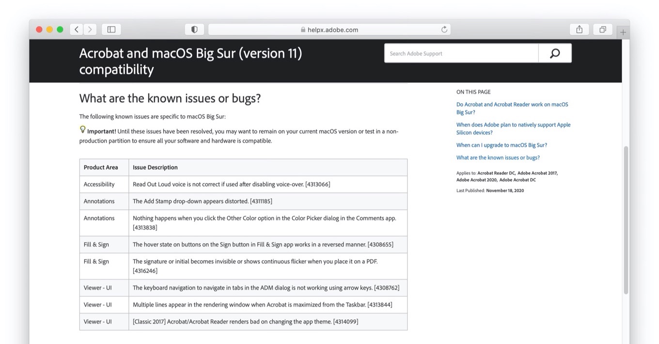 Acrobat and macOS Big Sur (version 11) compatibility