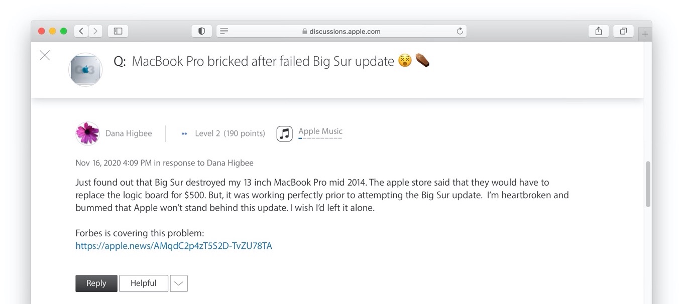 MacBook Pro bricked after failed Big Sur update – Apple Support Communities