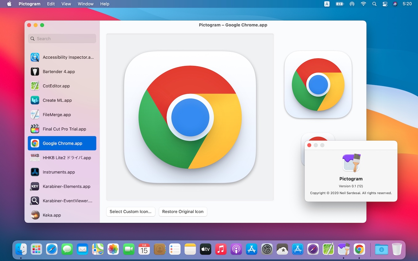 Macos 11 Big Surに最適されていないアプリのアイコンを変更できるmacアプリ Pictogram とオープンソースのアイコンライブラリ Macosicon Com が公開 pl Ch