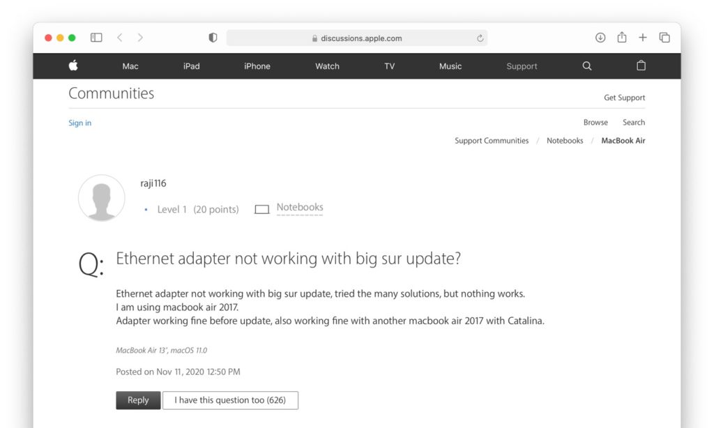 macOS 11 Big Surアップグレード後、特定のUSB to