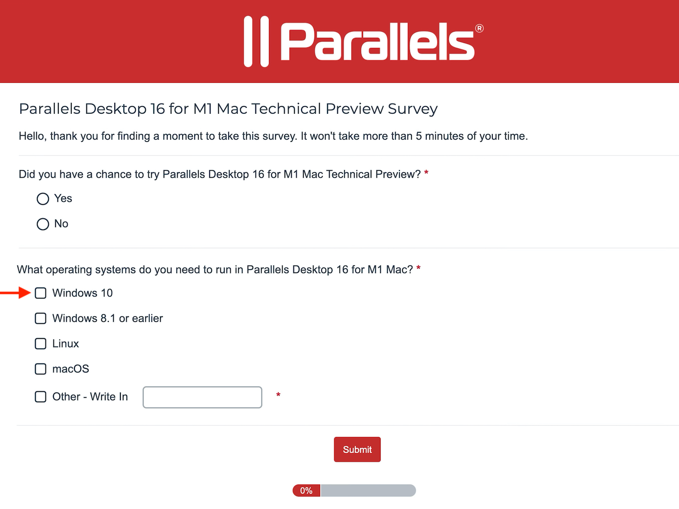 Parallels Desktop 16 for M1 Mac Technical Previewのアンケート