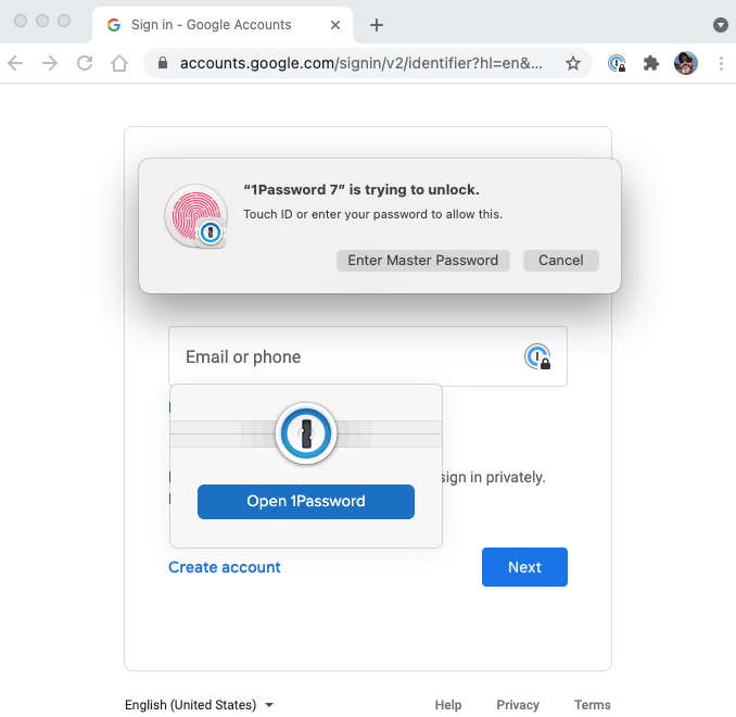1Password in the browser support touch id