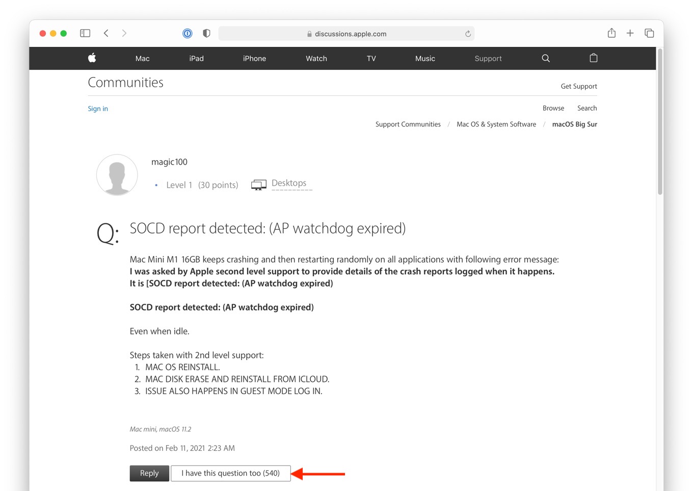 SOCD report detected AP watchdog expired issues Apple M1 Mac
