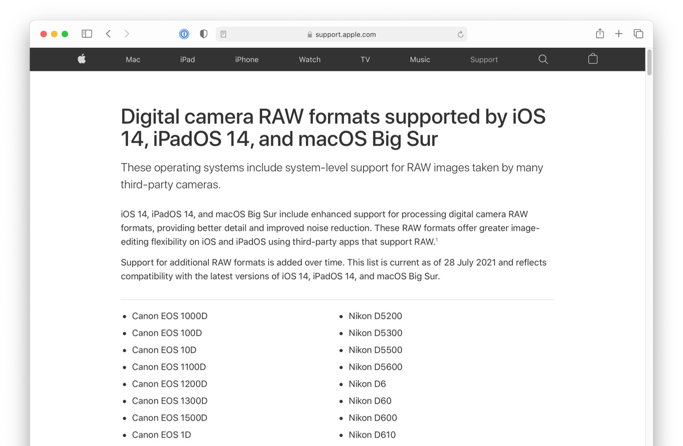 Digital camera RAW formats supported by iOS 14, iPadOS 14, and macOS Big Sur