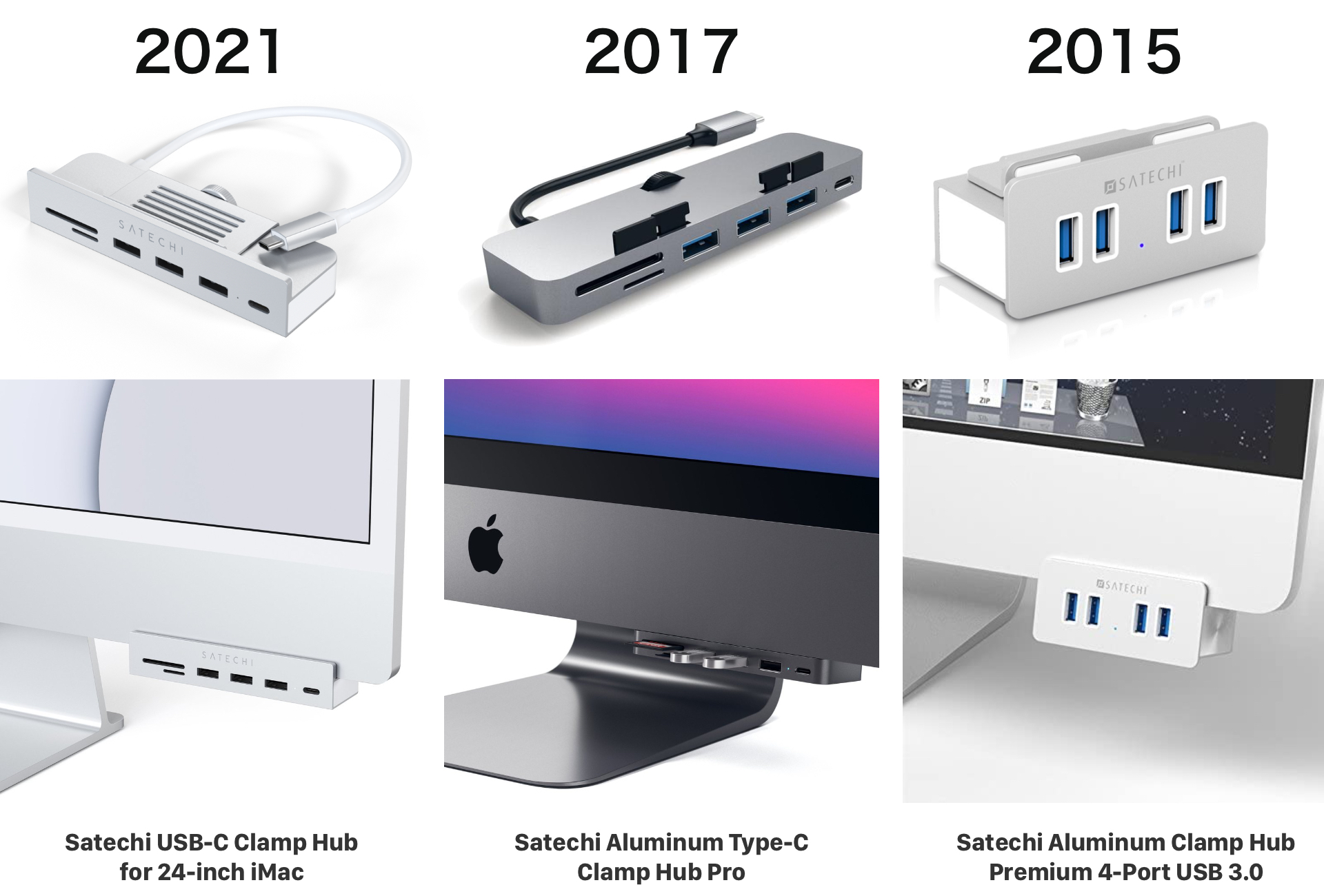 Satechi、USB-A/-CポートやSDカードリーダーをiMac (24-inch, M1, 2021)の前面に配置できるUSB-Cハブ「Satechi  USB-C Clamp Hub for 24-inch iMac」を発売。