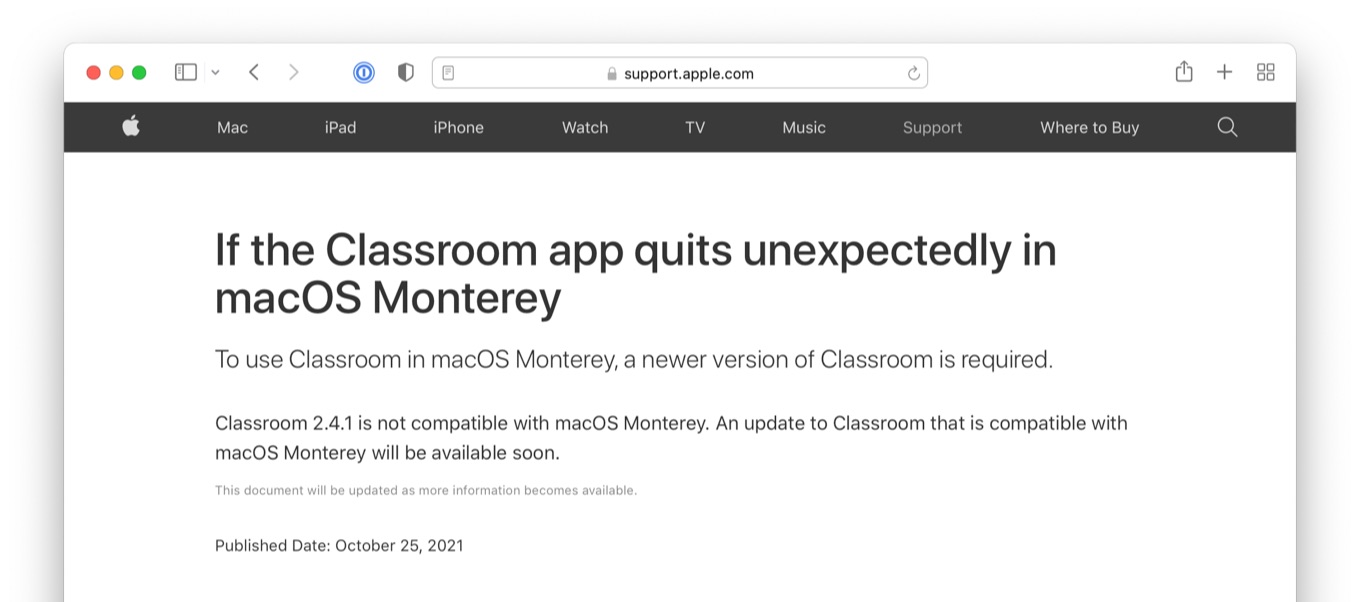 If the Classroom app quits unexpectedly in macOS Monterey