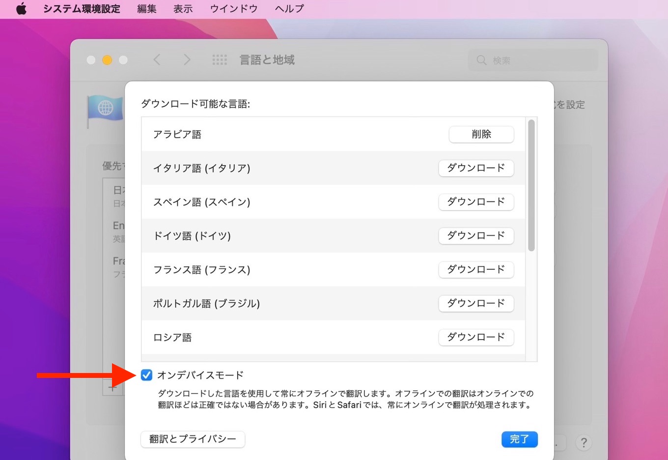 macOS 12 Montereyでオンデバイスモード翻訳
