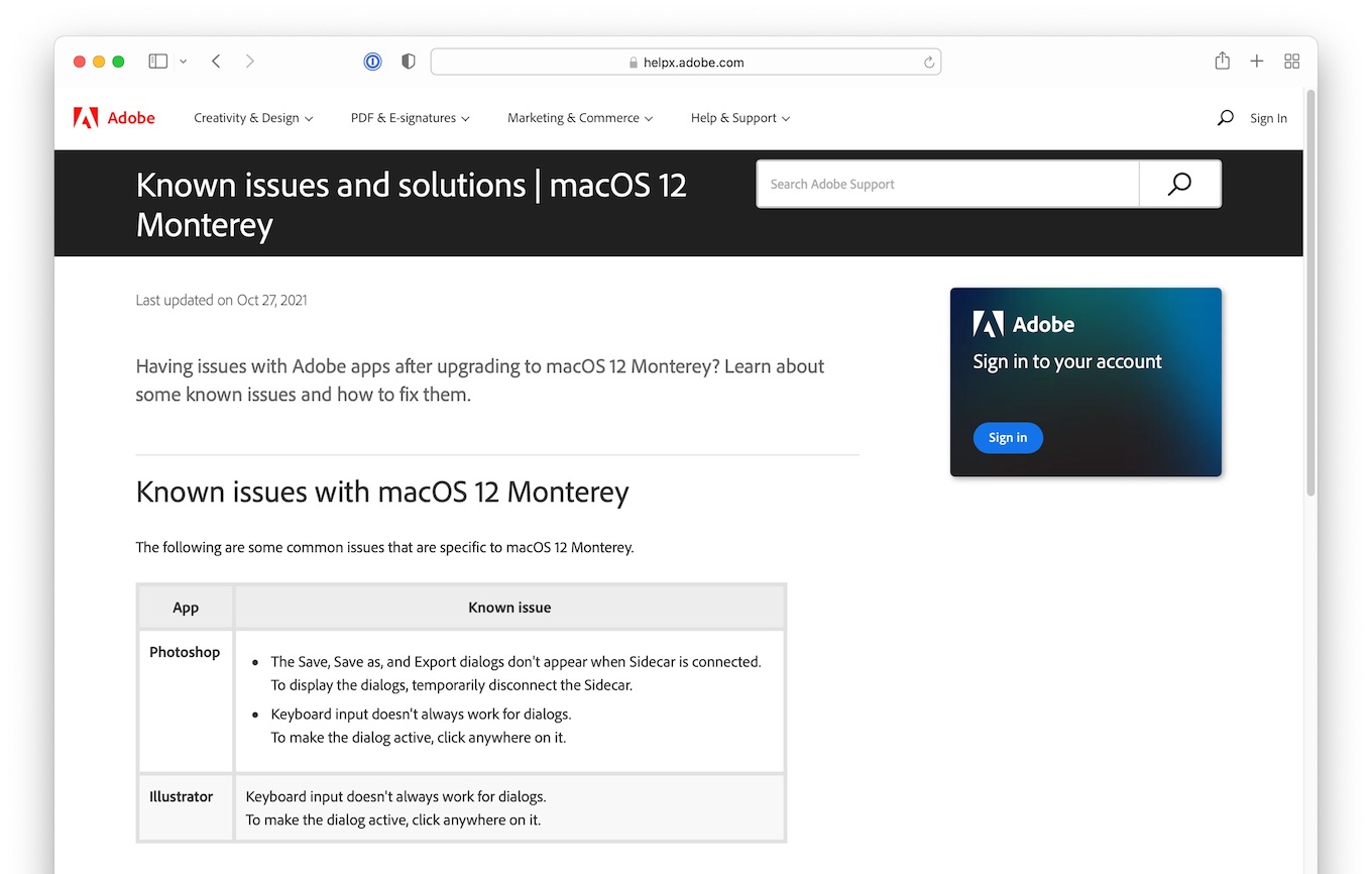 Known issues and solutions | macOS 12 Monterey adobe app