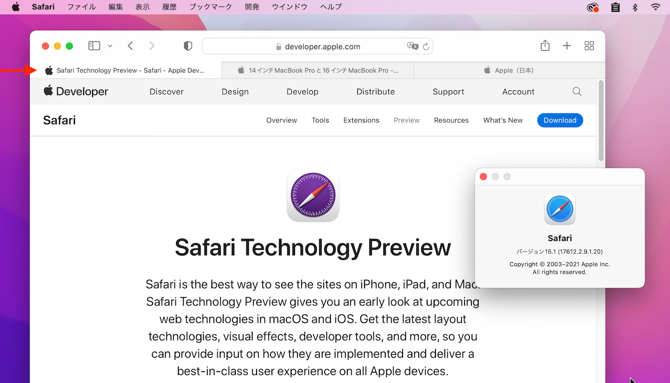 Safari 15.1のセパレートタイプのタブ