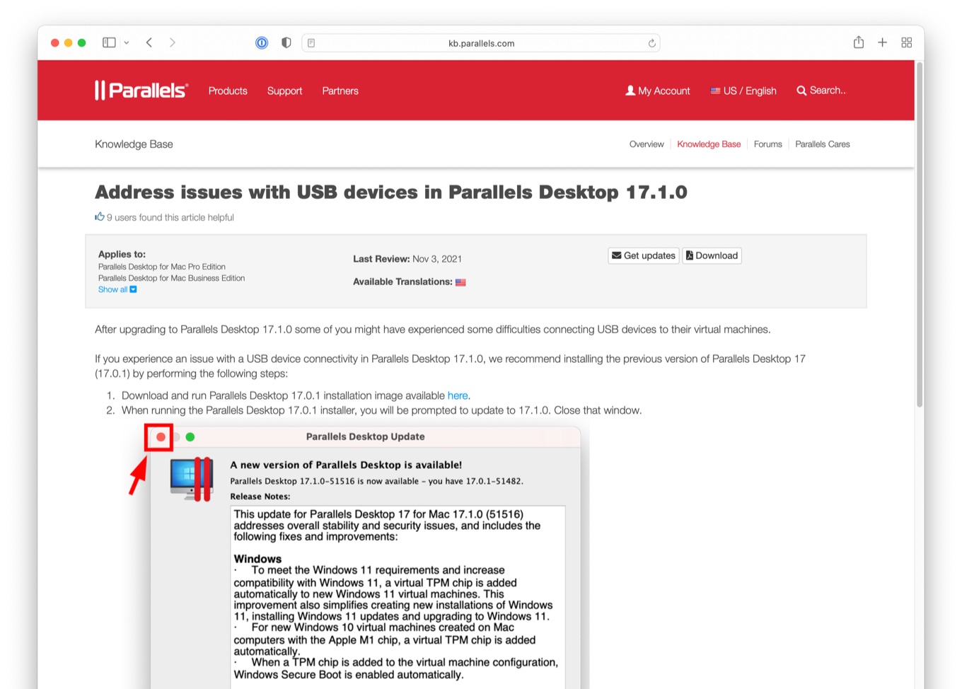 Address issues with USB devices in Parallels Desktop 17.1.0
