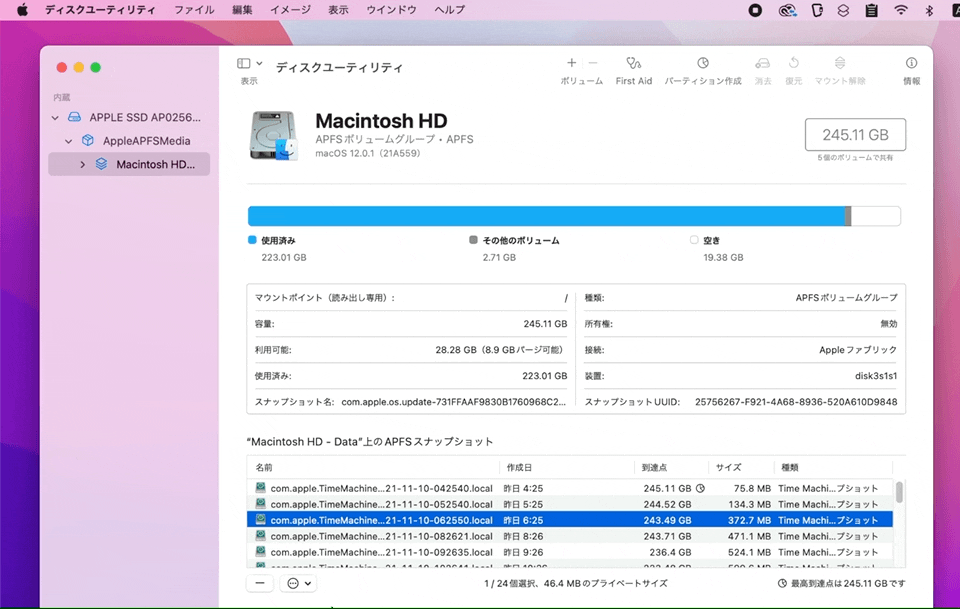 macOS 12 Montereyのディスクユーティリティでスナップショットを削除