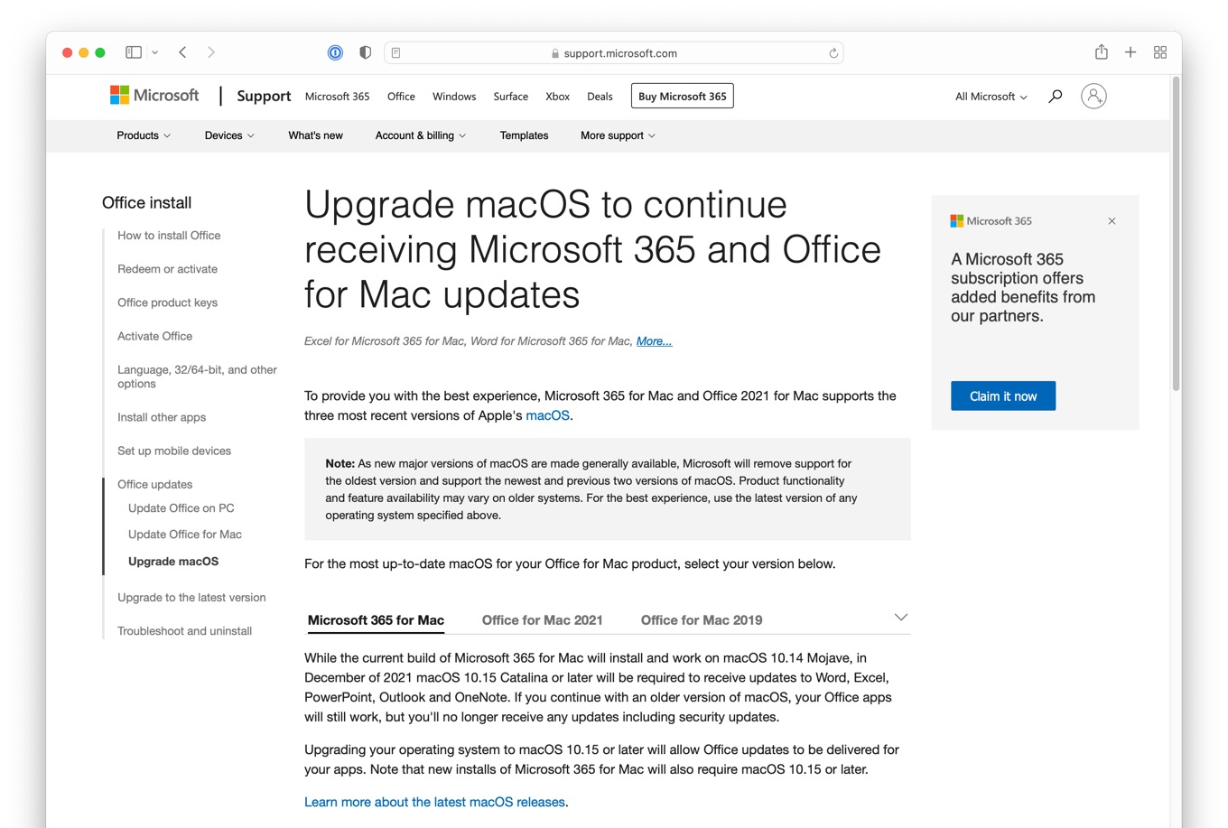 Microsoft Office 365 for Mac drop support macOS 10.14 Mojave