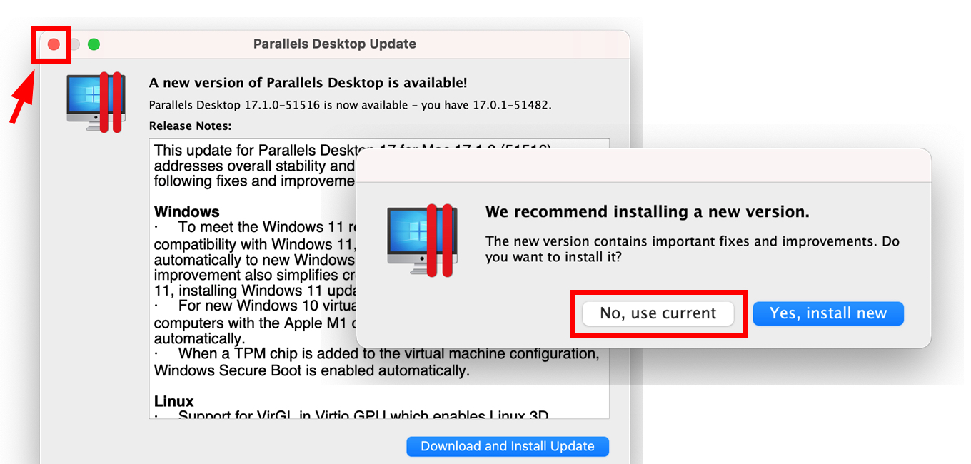 Close Parallels Desktop update prompt