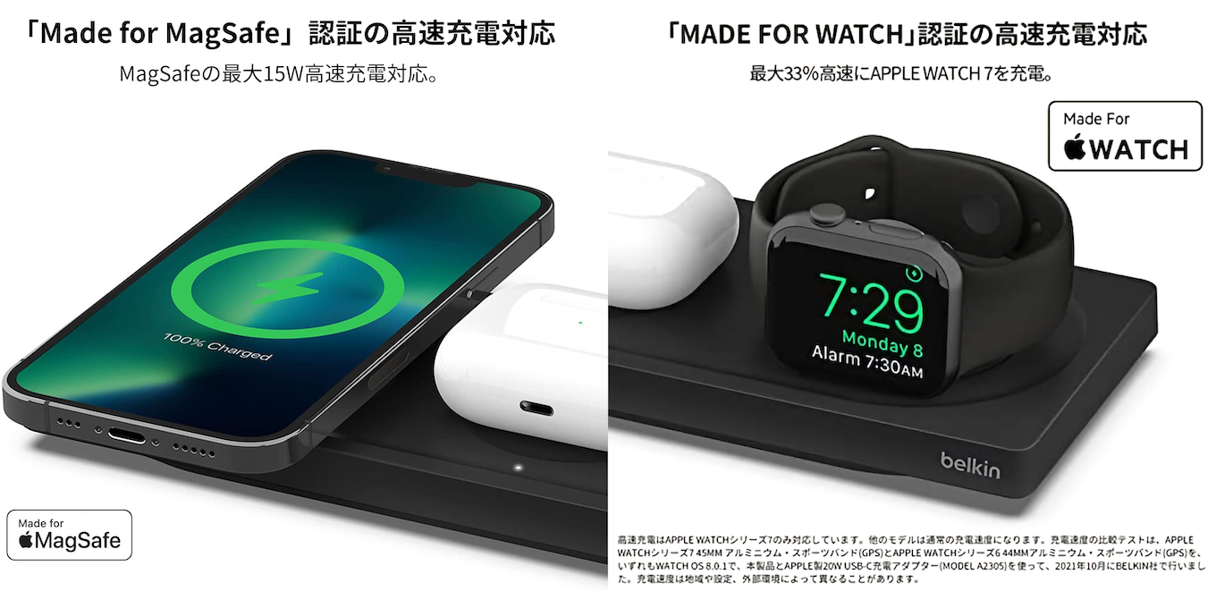 Belkin、Made for MagSafe認証を取得しiPhone 13/12シリーズを最大15Wでワイヤレス充電可能な充電パッドや、Apple  Watch Series 7の高速充電に対応した充電器などを発売。