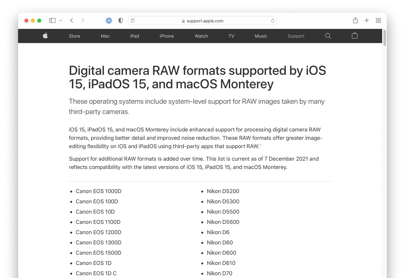 Digital camera RAW formats supported by iOS 15 iPadOS 15 and macOS Monterey