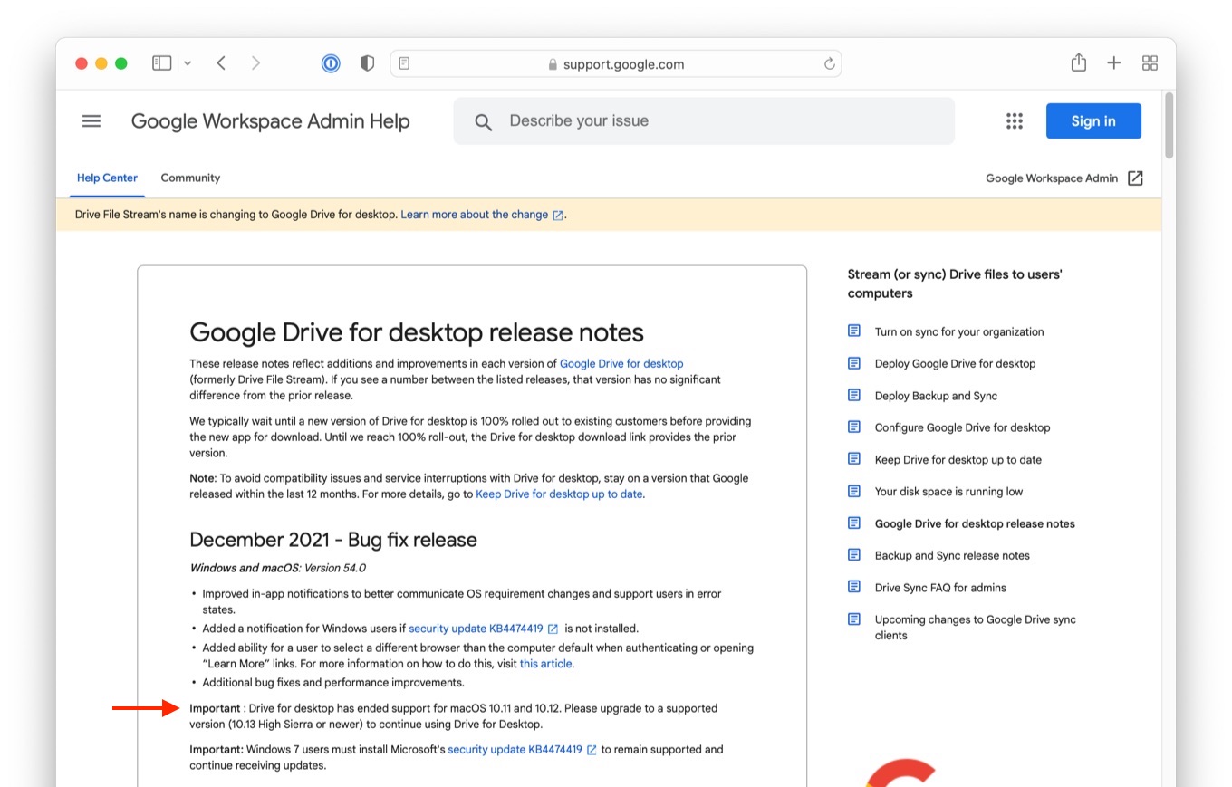 Google Drive for Desktop ended support macOS 10.12 Sierra