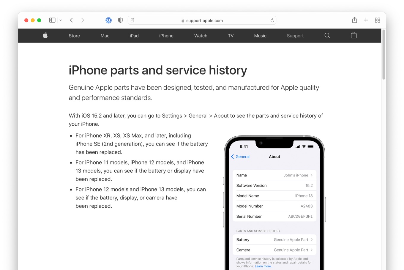 iPhone parts and service history on iOS 15.2
