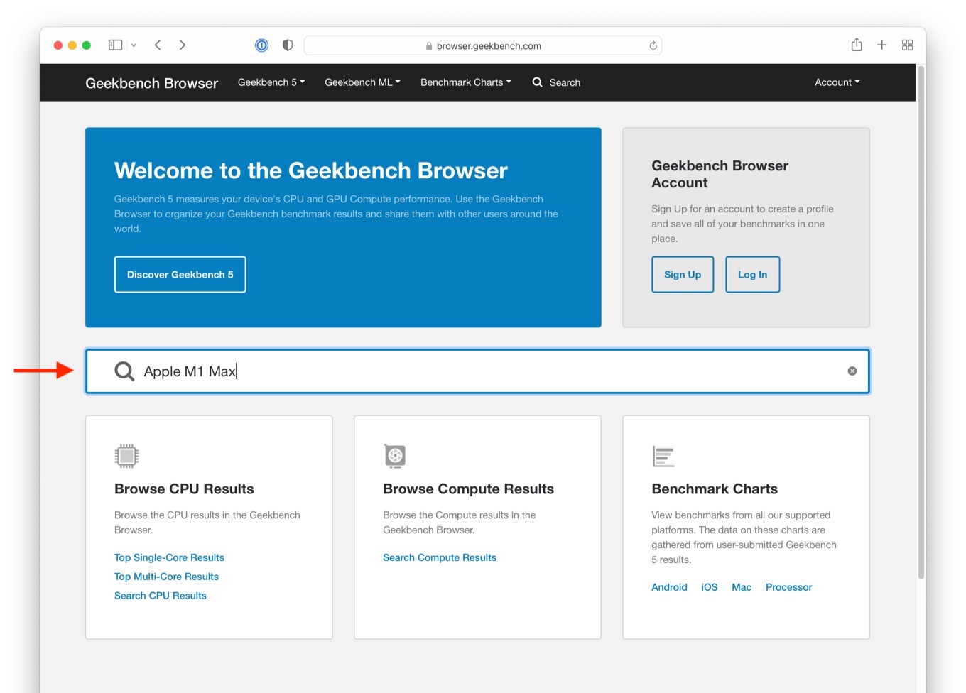 Geekbench Browserのuniversal search