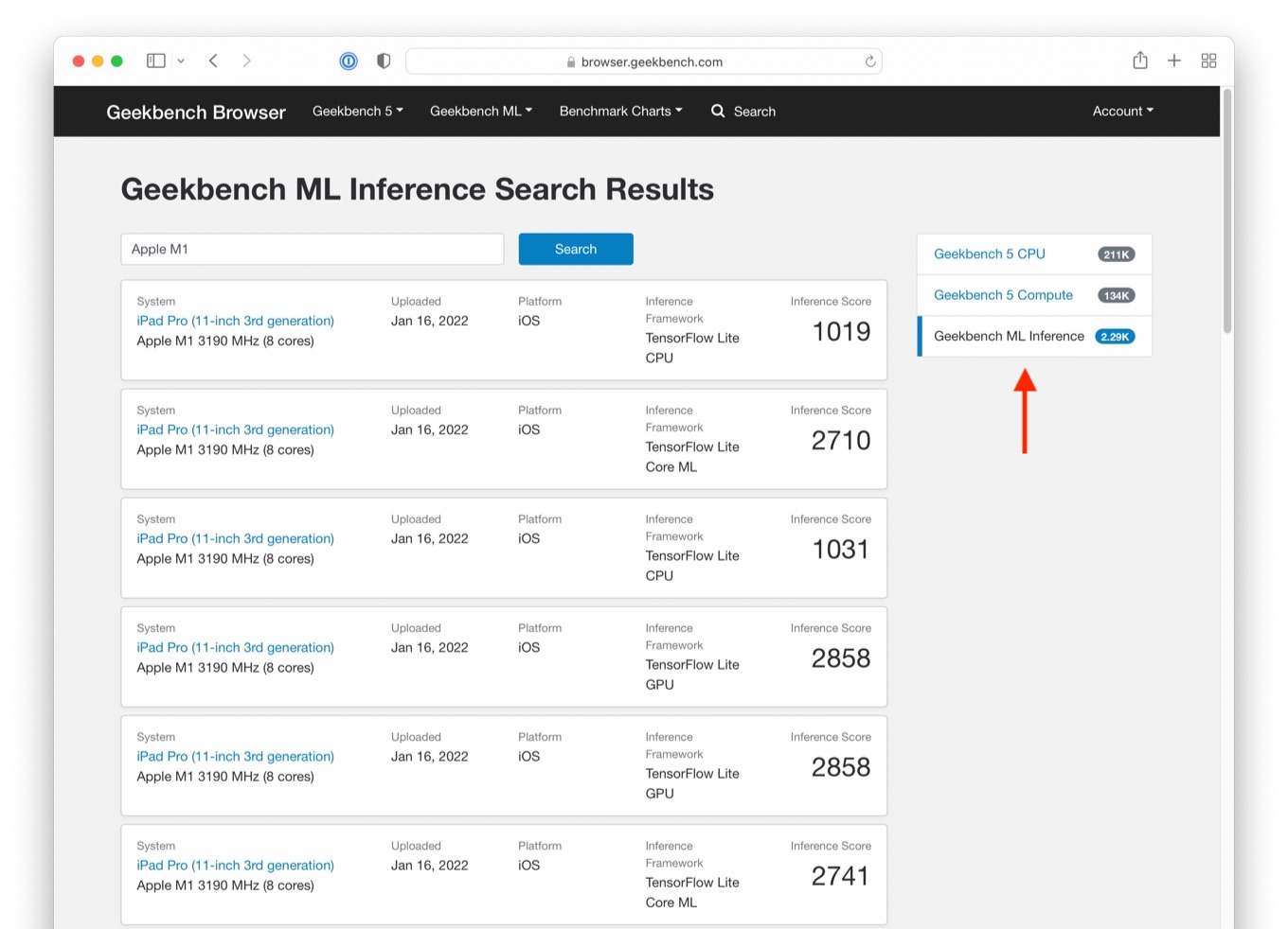 Geekbench universal search ML Inference
