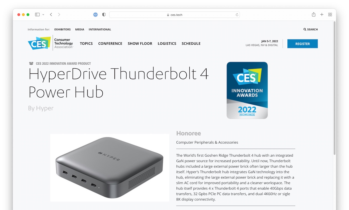HyperDrive Thunderbolt4 Power Hub  CES 2022 Innovation Awards Honoree