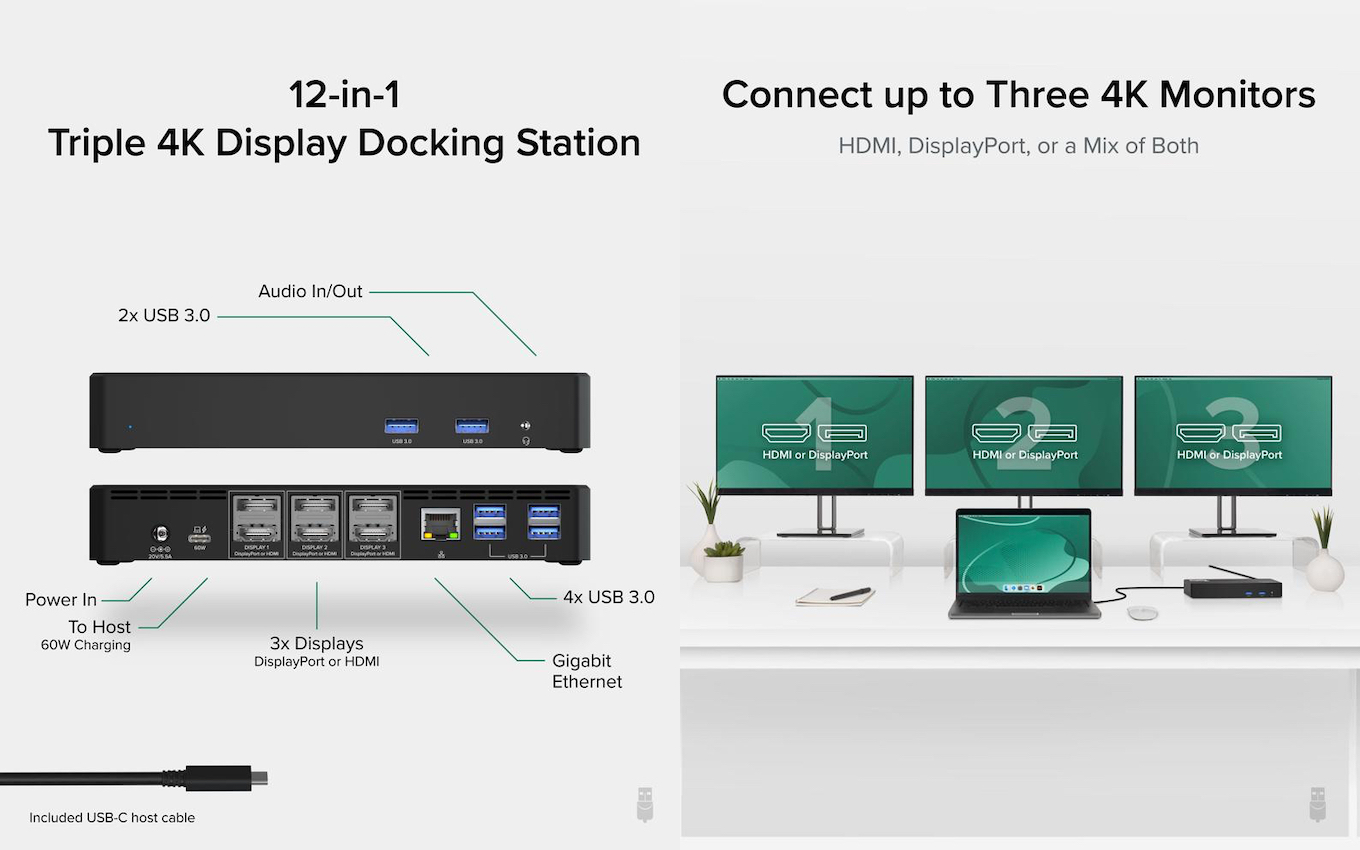Plugable USB-C Triple 4K HDMI and DisplayPort Docking Station
