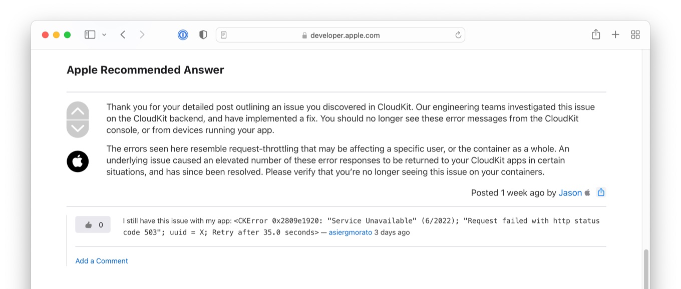 Apple fixed CloudKit backend