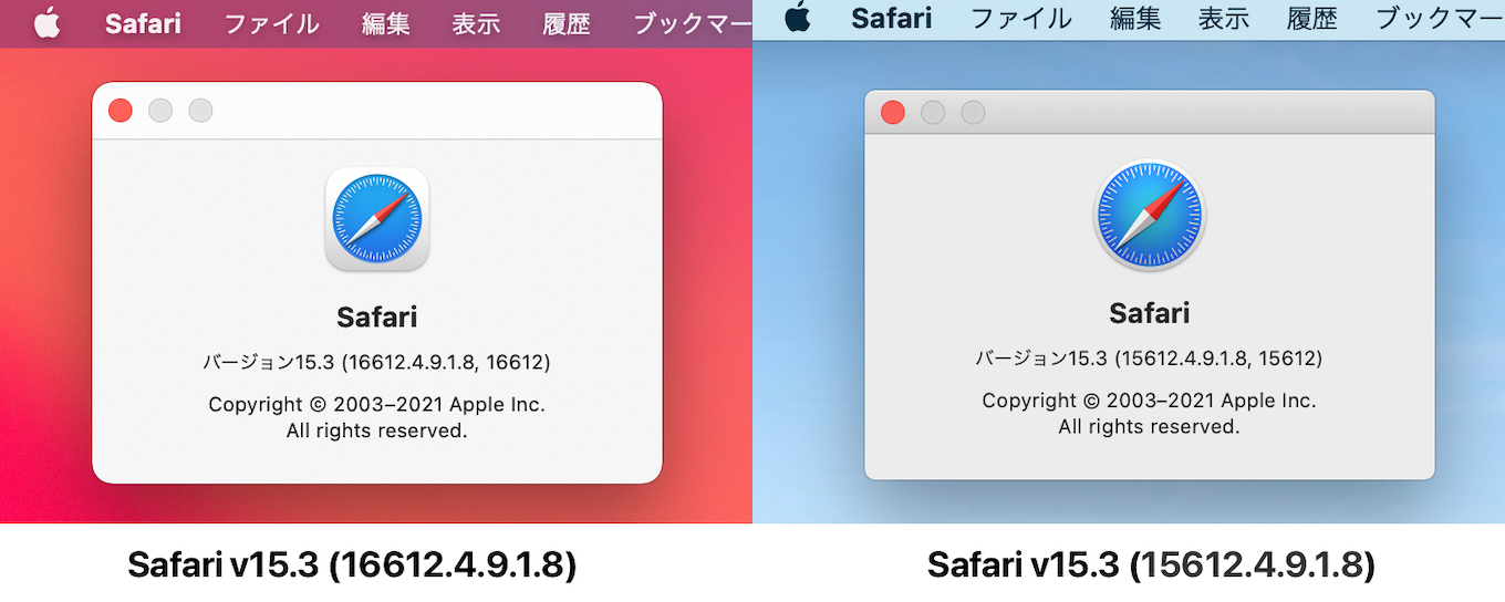 Safari v15.3 16612.4.9.1.8と15612.4.9.1.8