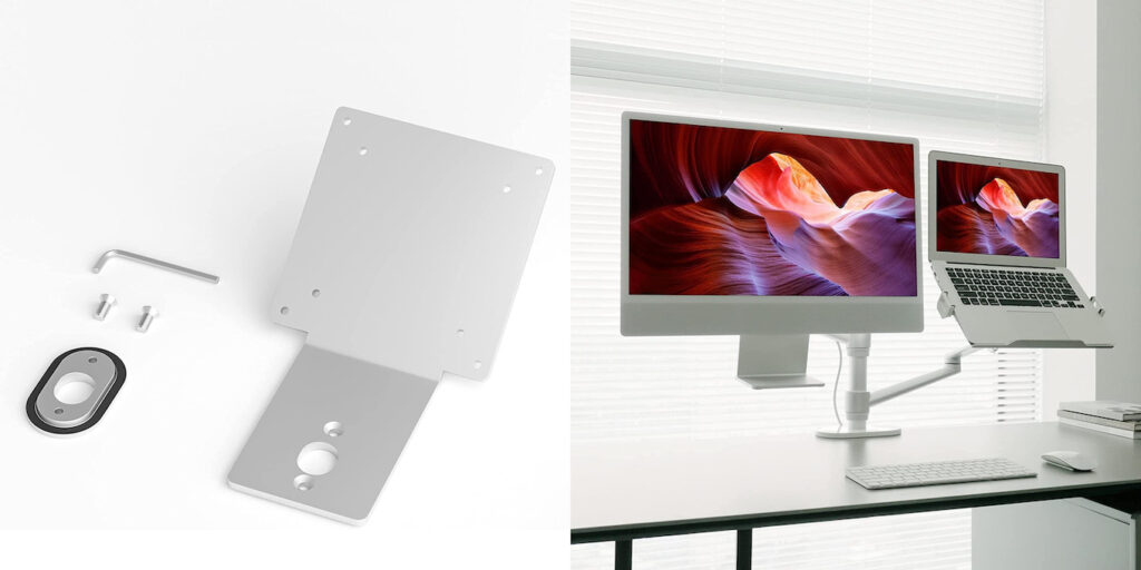 iMac (24inch, M1, 2021)の標準モデルをVESA規格のモニターアームに接続できるようにしてくれるアダプタキットが発売。