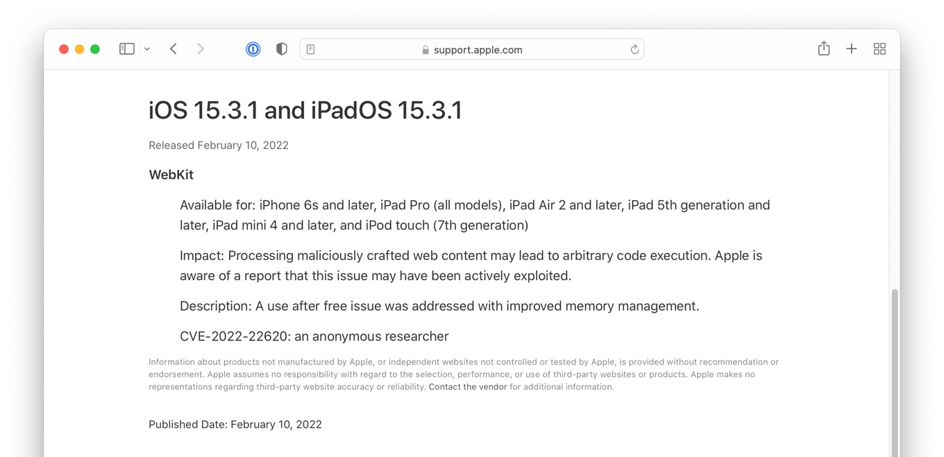 iOS 15.3.1 and iPadOS 15.3.1 fixed Safari CVE-2022-22620