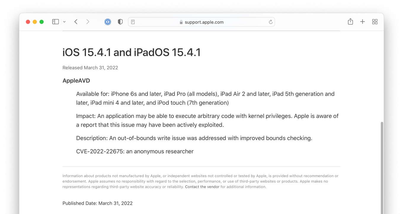 About the security content of iOS 15.4.1 and iPadOS 15.4.1 - Apple Support