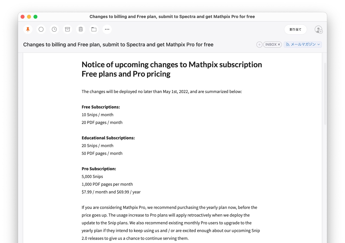 Changes to billing and Free plan, submit to Spectra and get Mathpix Pro for free