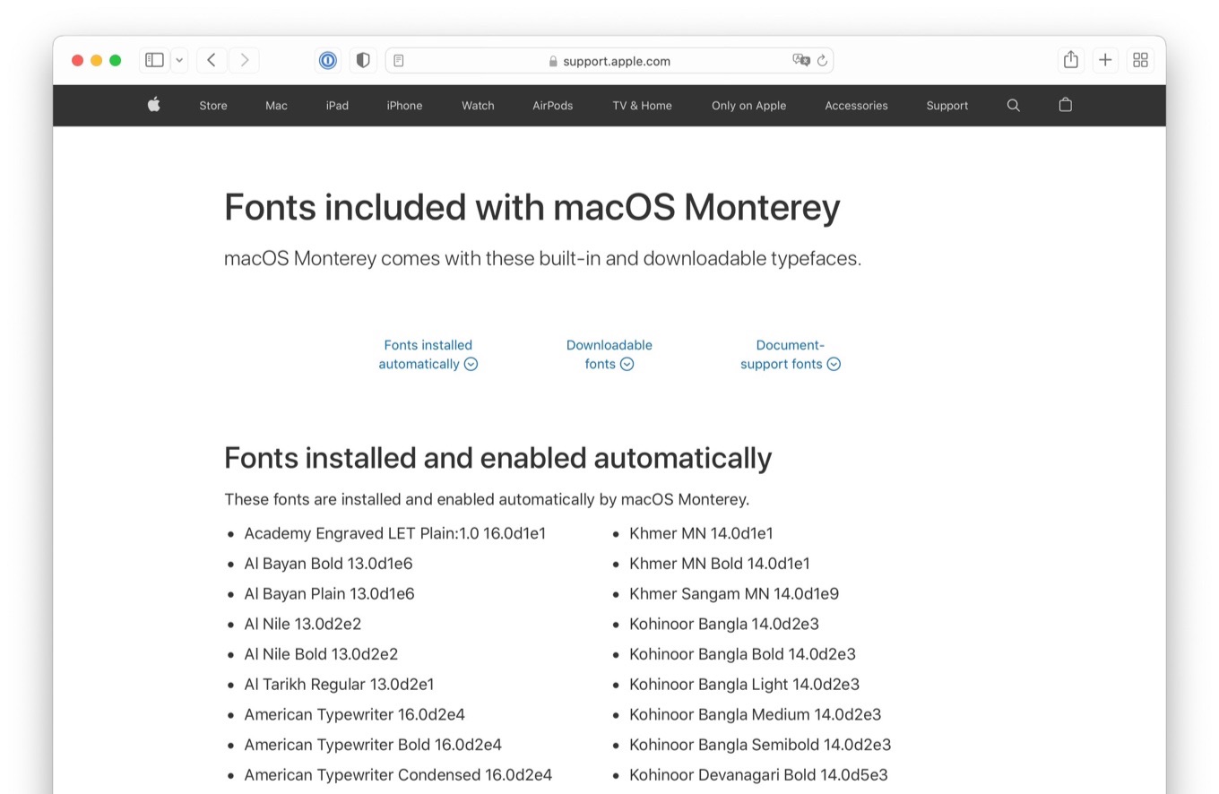 Fonts included with macOS Monterey