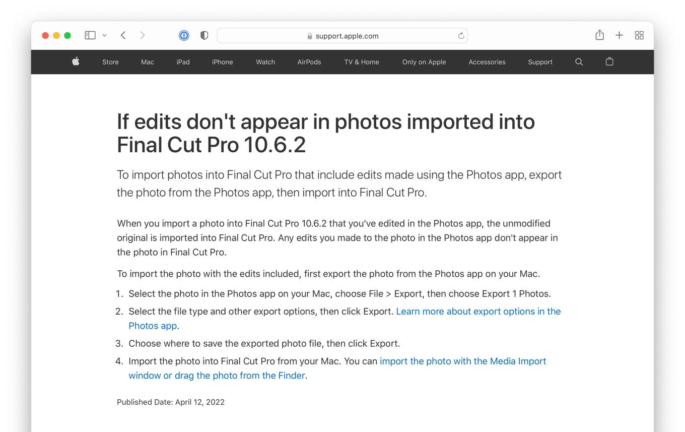 If edits don't appear in photos imported into Final Cut Pro 10.6.2