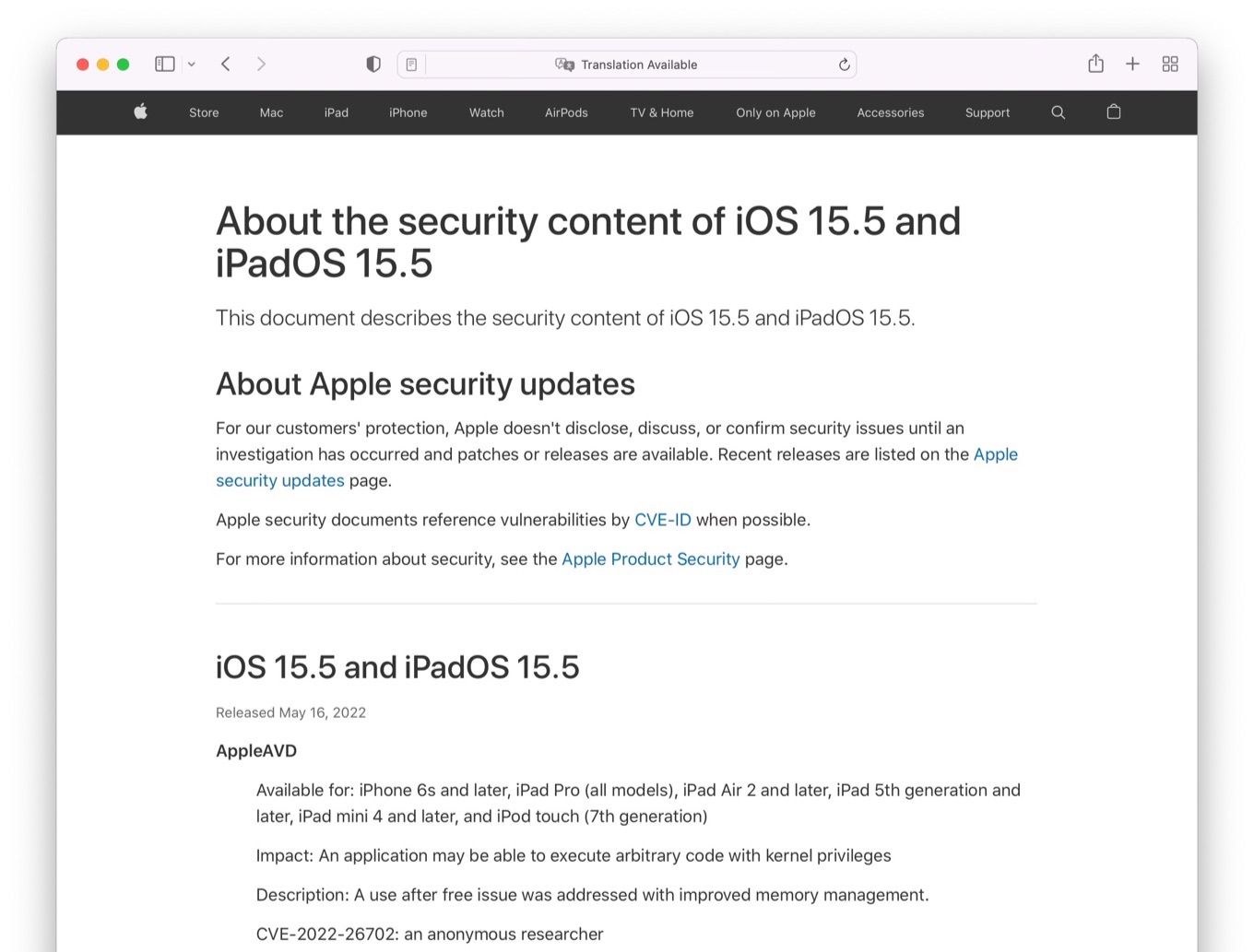 About the security content of iOS 15.5 and iPadOS 15.5
