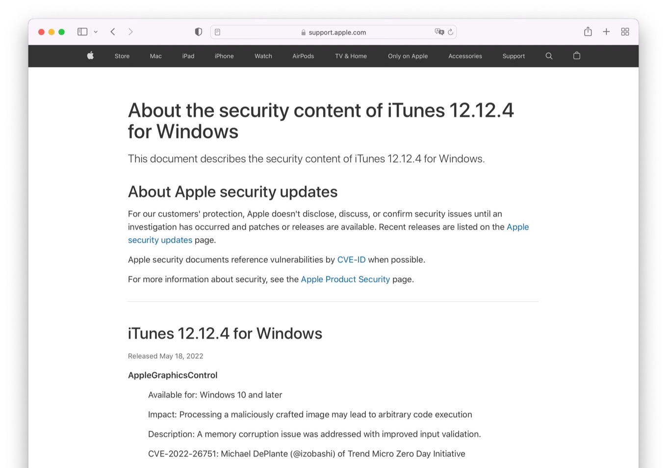 About the security content of iTunes 12.12.4 for Windows