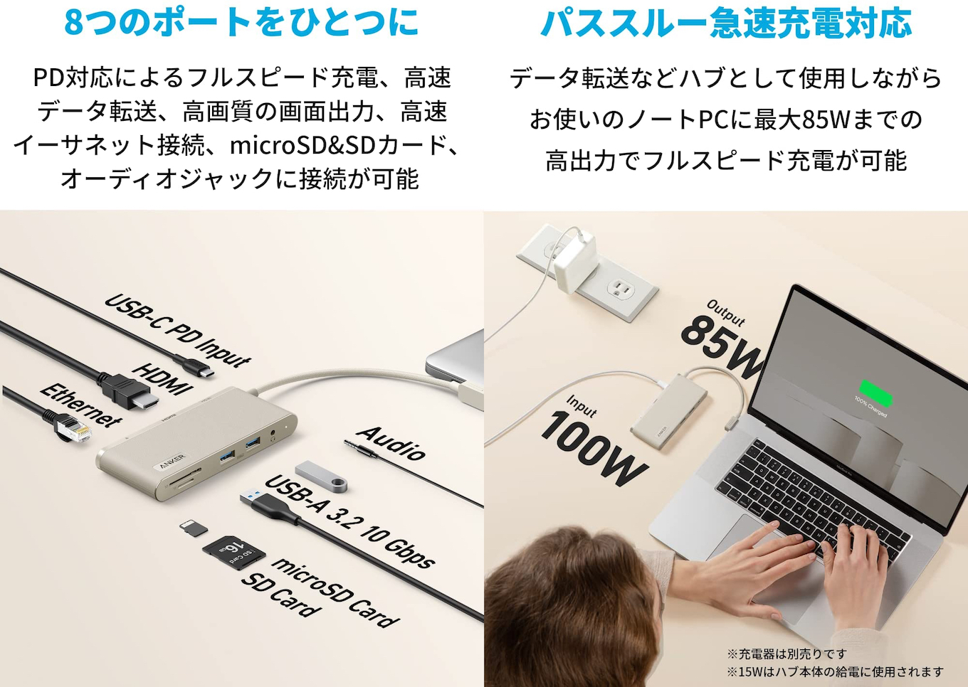 低廉 Anker 655 USB-C ハブ 8-in-1 10Gbps 高速データ転送 USB-Aポート 100W USB Power  Delivery対応 USB-Cポート 4K HDMIポート 1Gbps イーサネットポート microSDSDカード スロット 3.5 mm  オーディオジャック 搭載 MacBook